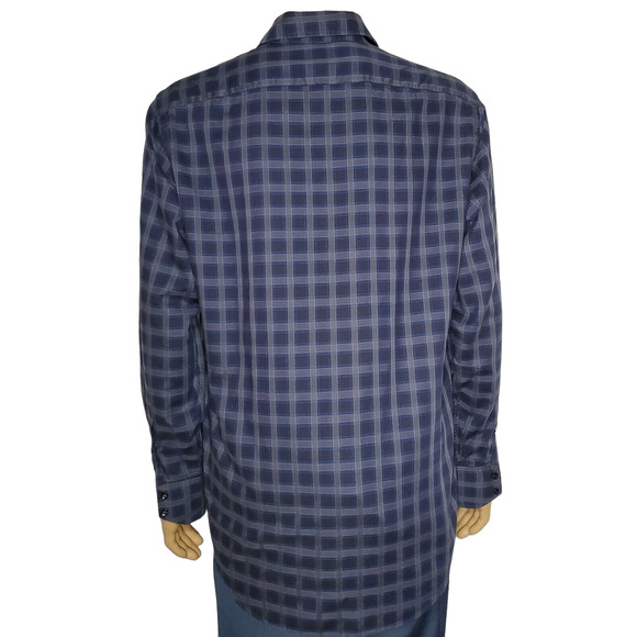 Men’s Thomas Dean Gray And Blue Plaid Button Down Shirt Size Large Flip Cuff - Picture 3 of 5